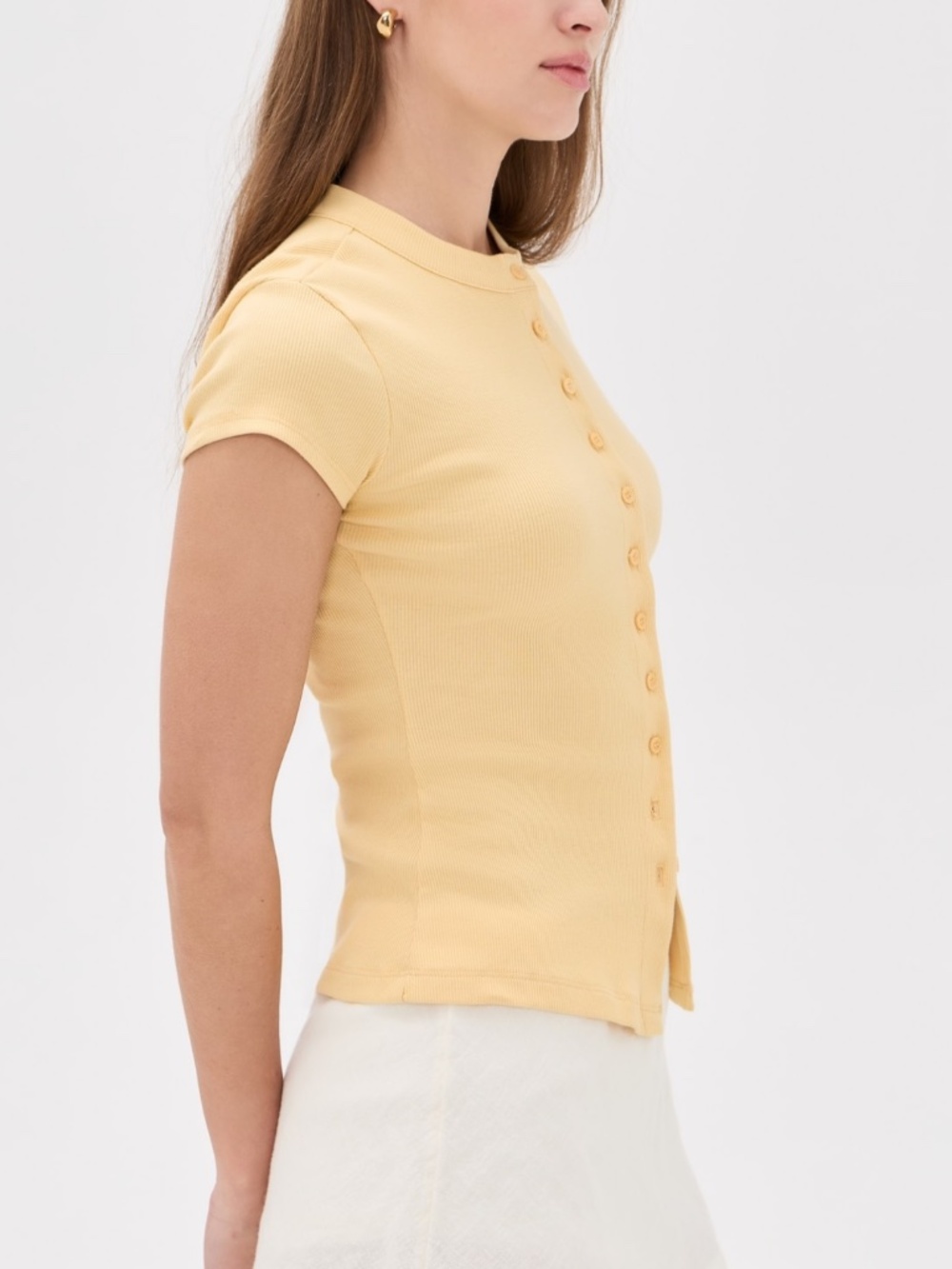 NWT Current / Elliot Yellow Button Up Tee Cap Sleeved Ribbed Modal Top - Picture 5 of 6